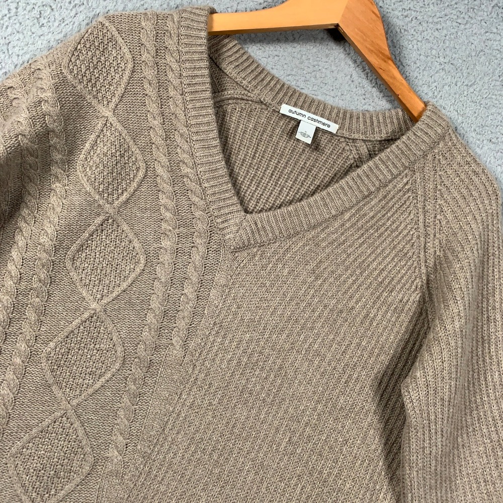 Autumn Cashmere Mixed Stitch V-Neck Sweater Womens Small Taupe Cable Knit Ribbed